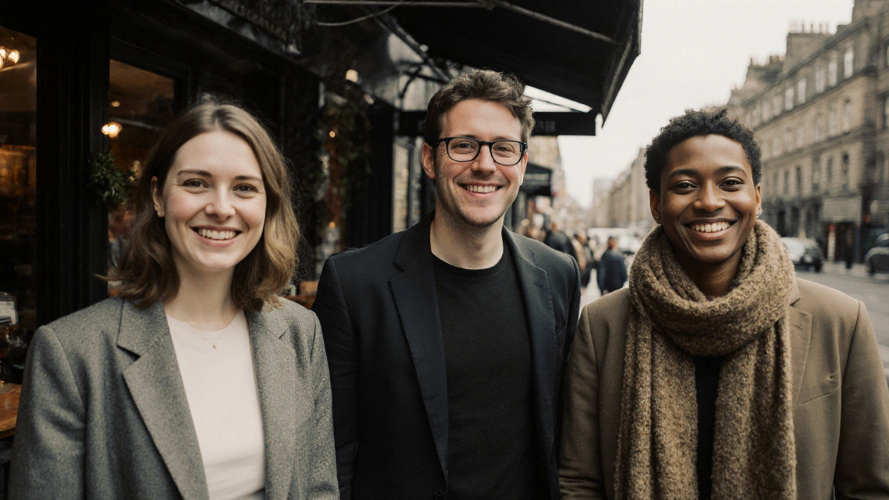 A diverse group of professionals greet clients outside a café, conveying connection and mutual respect in an urban setting.