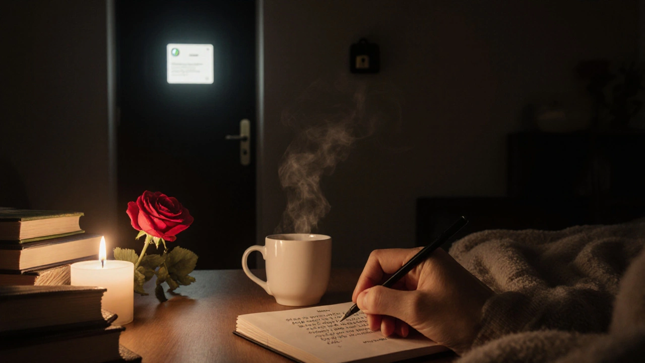 A hand writes a haiku by candlelight, symbolizing emotional resilience after a long day.