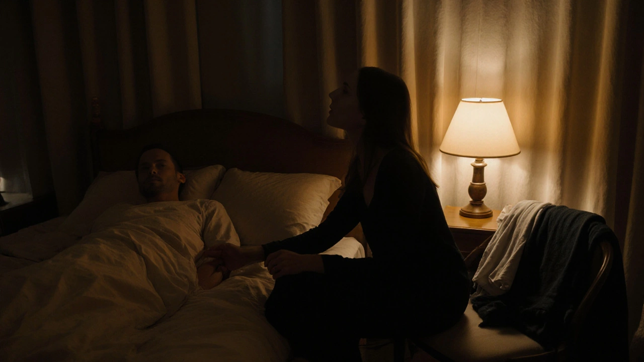 A man and woman holding hands in a softly lit bedroom, sharing a moment of calm and emotional safety.
