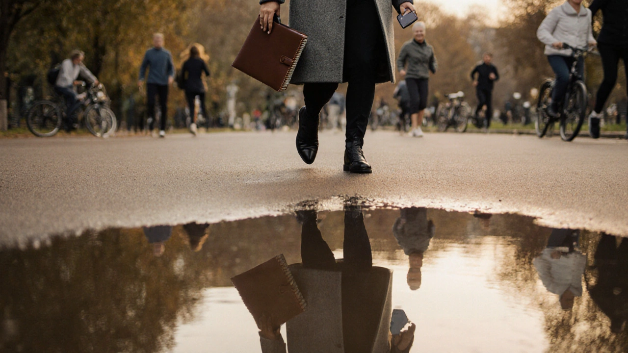 A professional escort walking alone through Hyde Park at sunset, exuding quiet confidence.