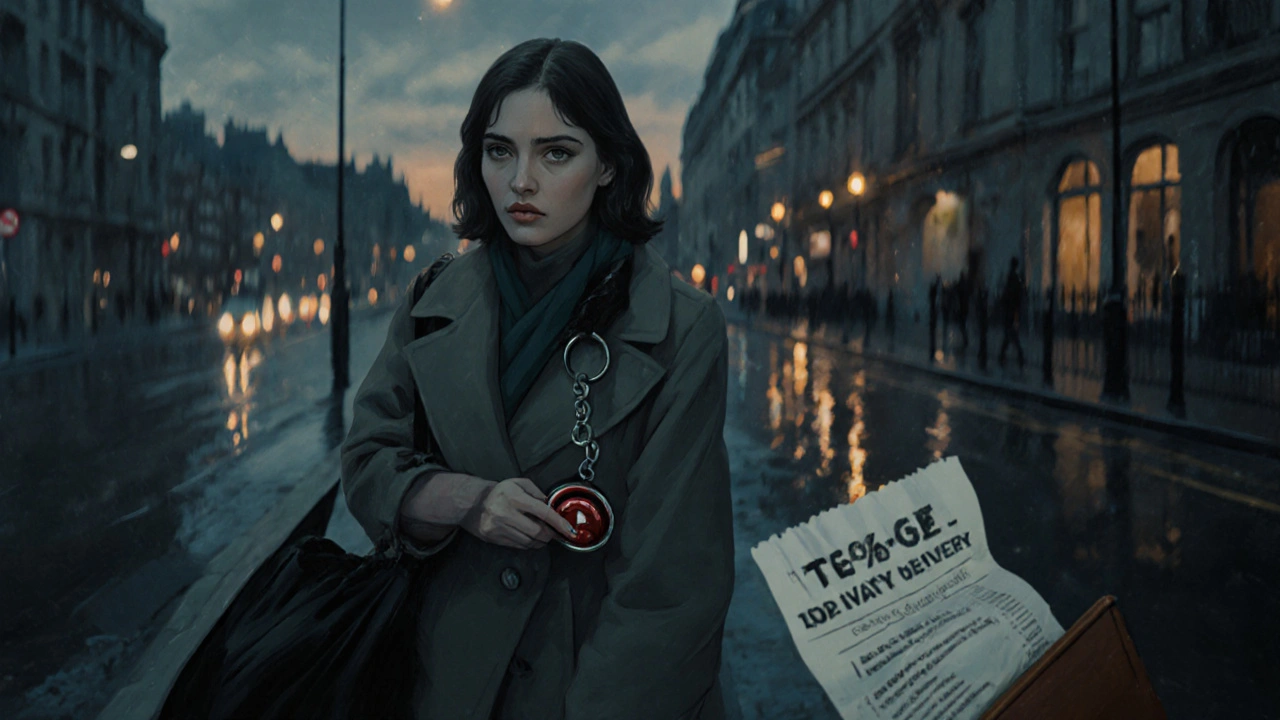 A sex worker steps out of a taxi at twilight in London, clutching a panic button and a fake pizza receipt.