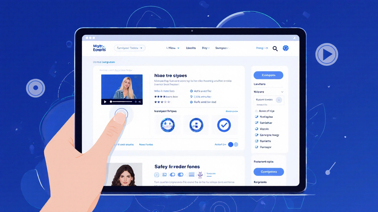A tablet displays a clean, secure directory interface with verified profiles and safety filters, no text visible.