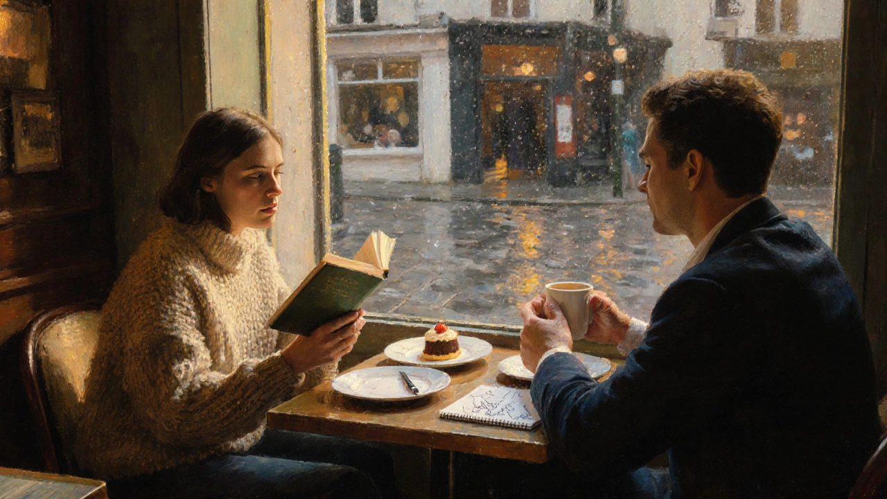 A woman reading aloud from a book to a man in a sunlit London café, both engaged in thoughtful connection.