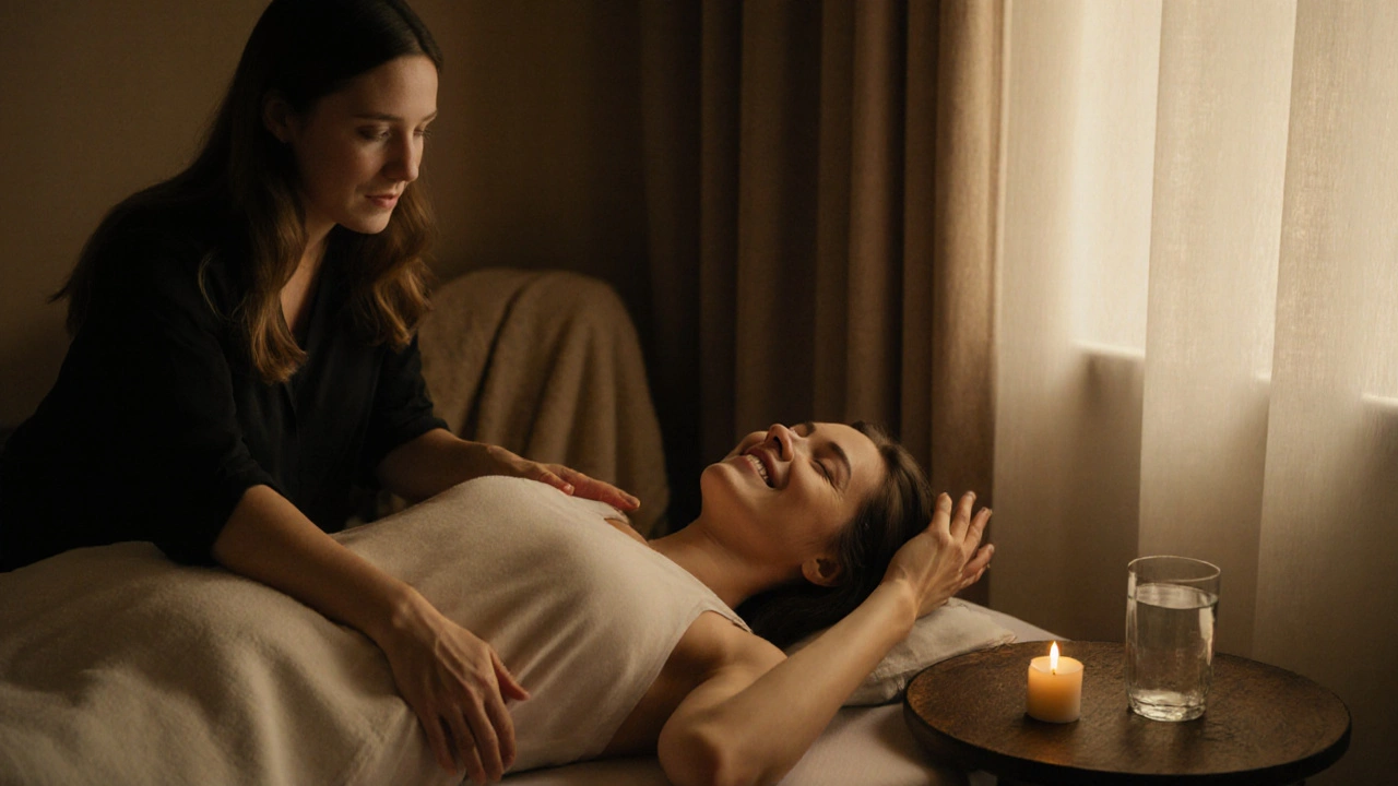 A woman receives gentle touch and companionship during a soothing session.