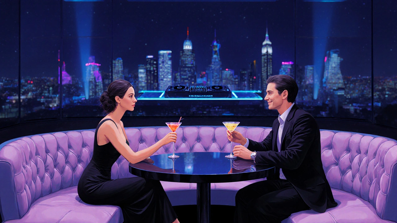 Companion and client sharing cocktails at a VIP table in a dimly lit nightclub with city skyline view.