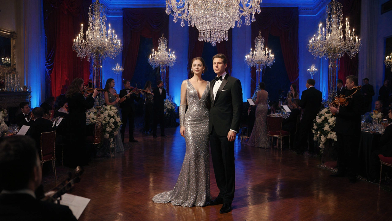 Companion in silver gown with client at a Mayfair charity gala under chandeliers.