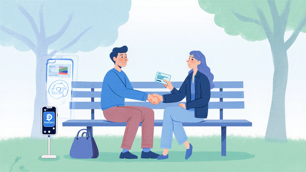 Companion shows ID and a prepaid card on a park bench, emphasizing safety.