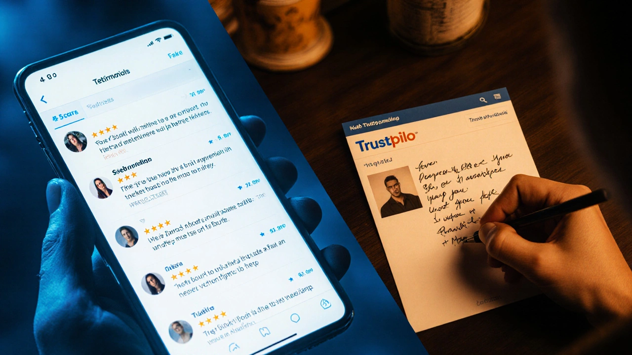 Contrasting fake online reviews with a real verified testimonial on a trusted platform.