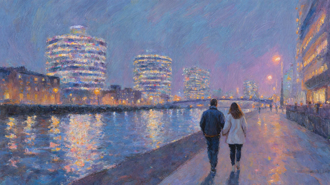 Couple strolling hand‑in‑hand by the illuminated MediaCityUK waterfront at night.
