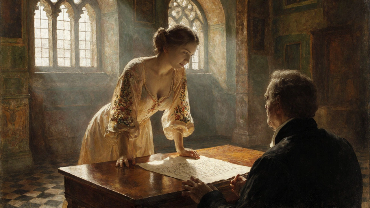 Courtesan reciting poetry to a nobleman beside a vellum contract in an ornate Renaissance study.