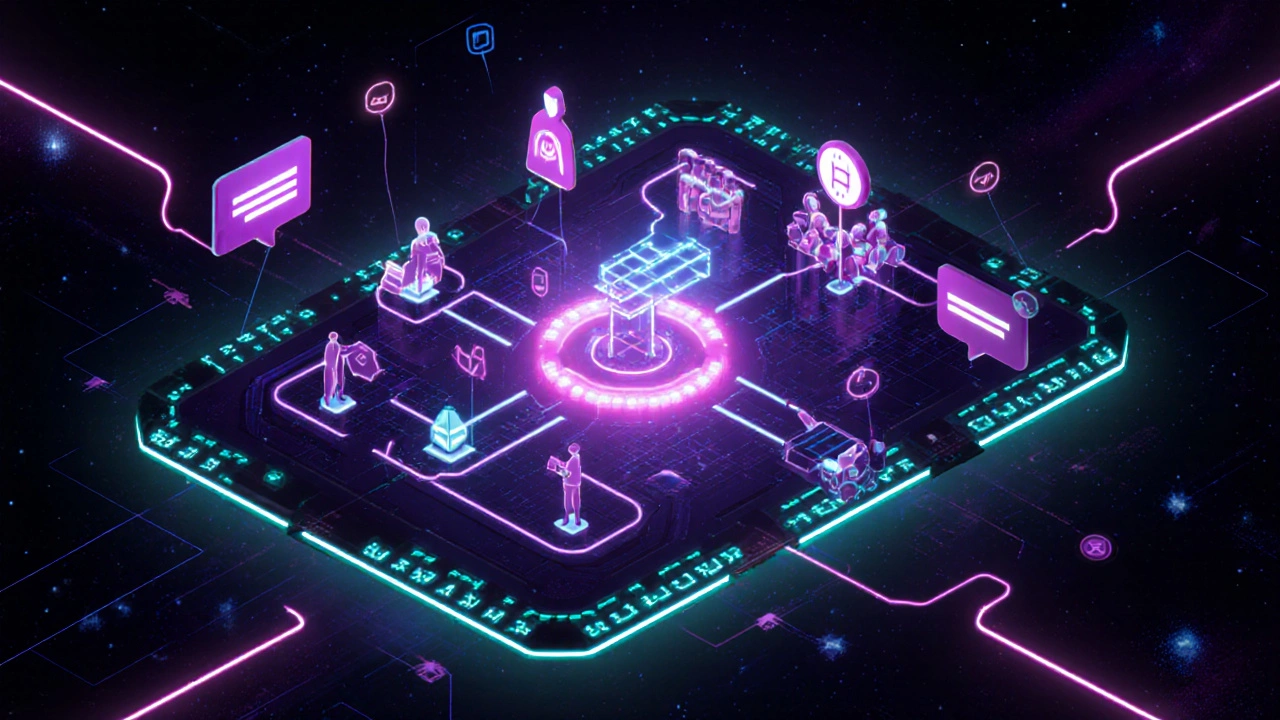 Digital blockchain interface with glowing nodes representing secure, anonymous worker transactions.