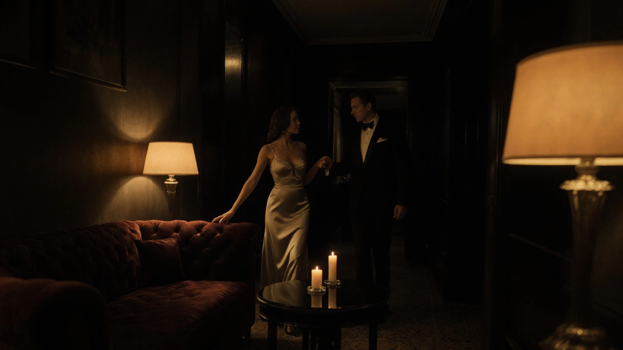 Discreet after‑care scene in a dimly lit hotel lounge, escort nodding before leaving.