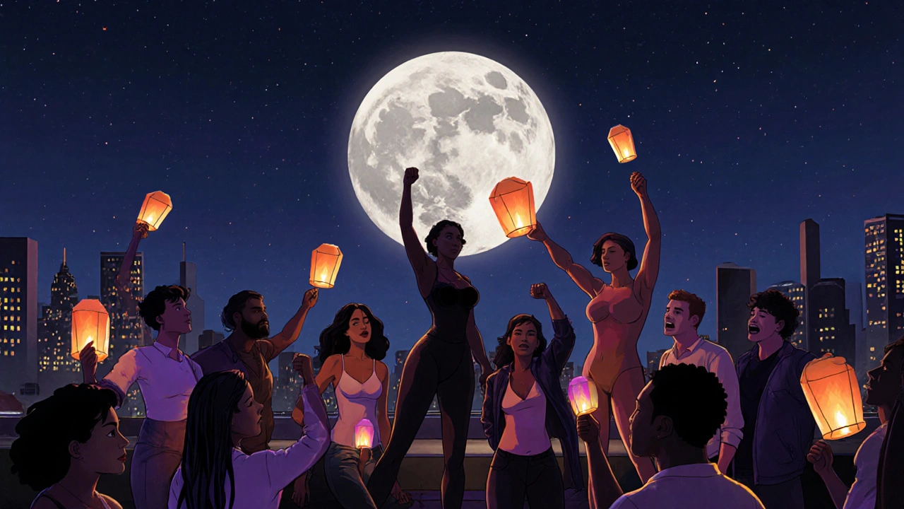 Diverse group gathered on a rooftop at night, holding lanterns and fists, symbolizing solidarity.