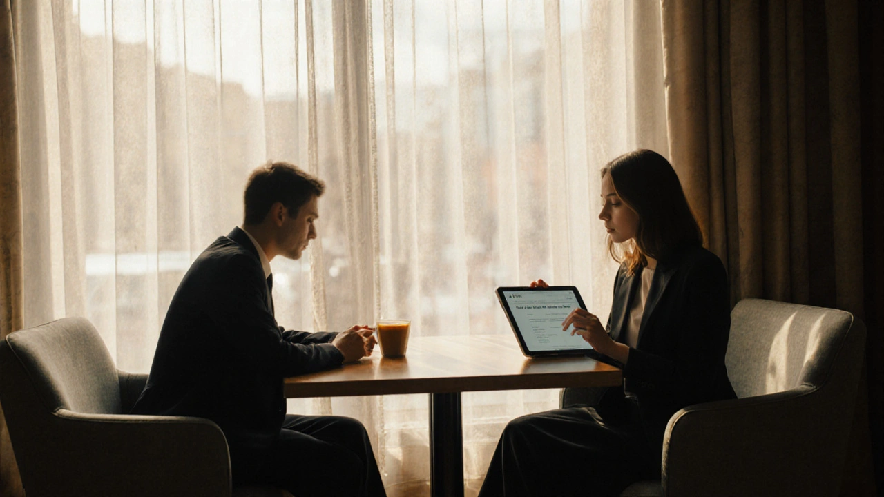 Elegant coffee shop meeting with two people at a table, soft lighting.