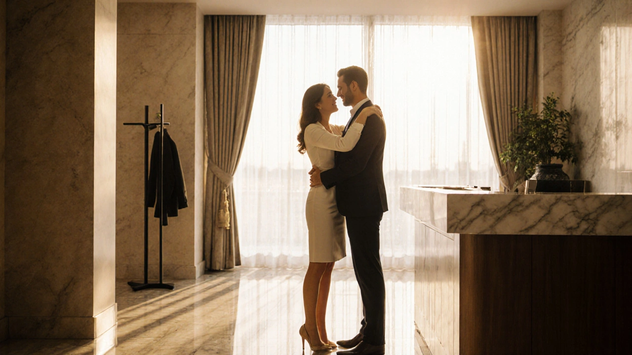 Escort and client greeting with a light hug in a bright hotel lobby, emphasizing safety and trust.