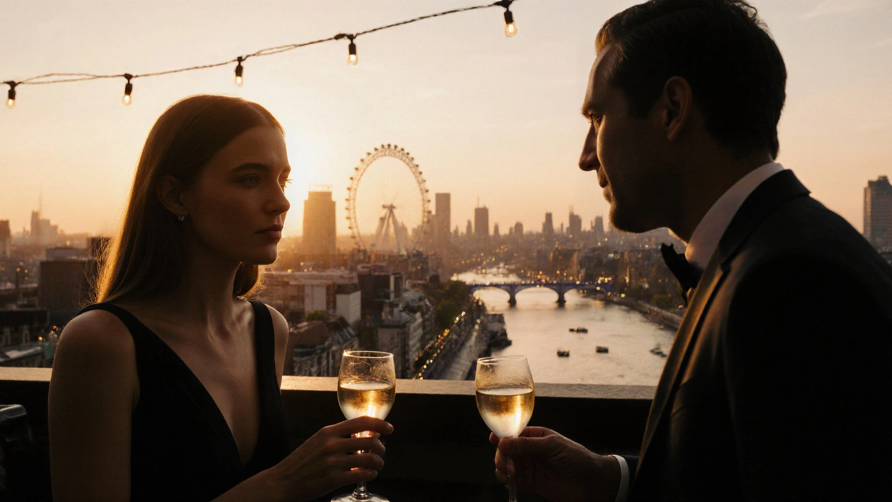 Evening rooftop bar scene with a stylish couple chatting over drinks.