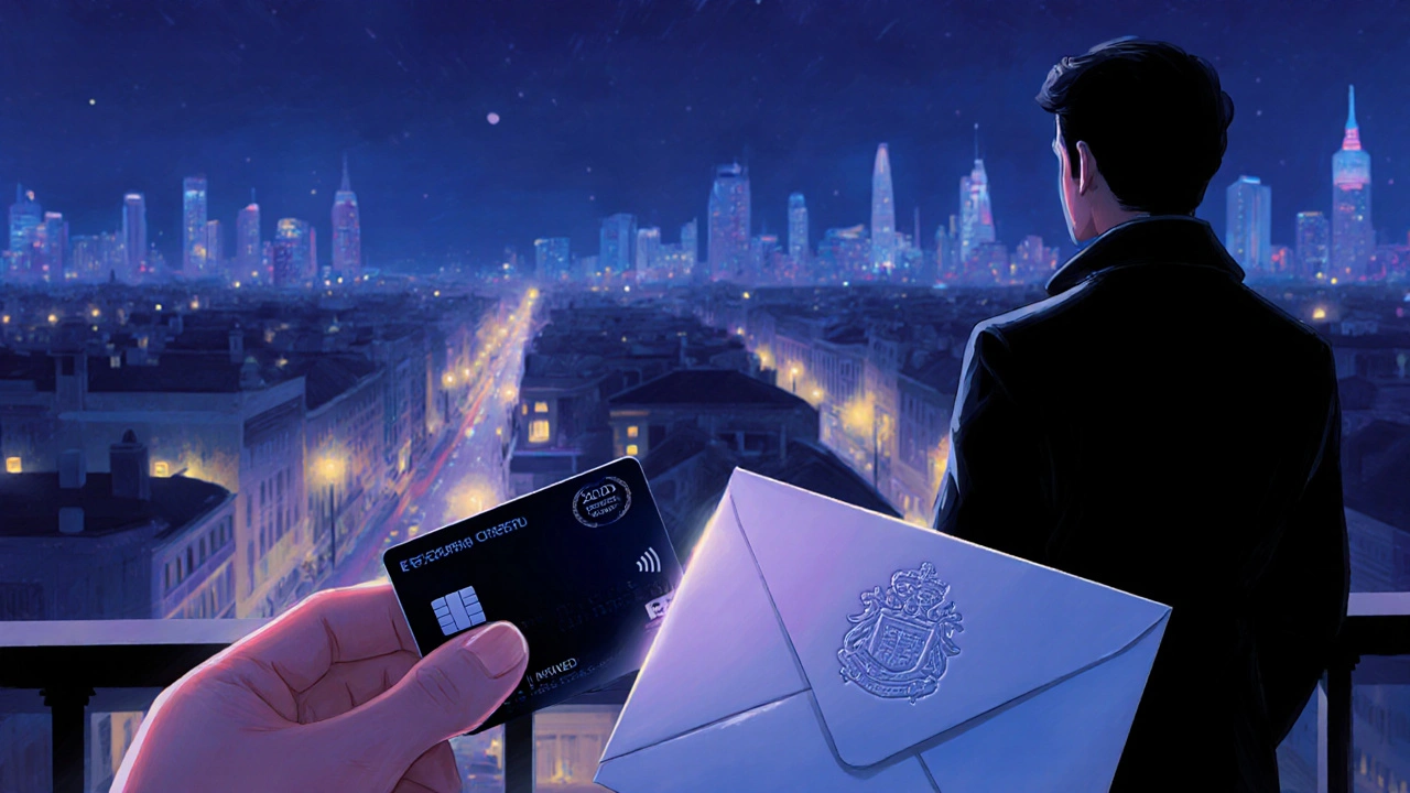 Hand holding a prepaid card and sealed envelope against a night city backdrop.