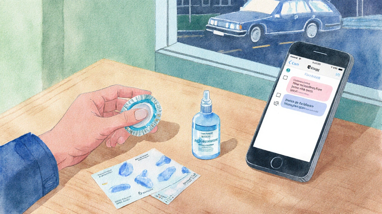 Hand holds a condom packet and phone shows a check‑in message on a wooden table.