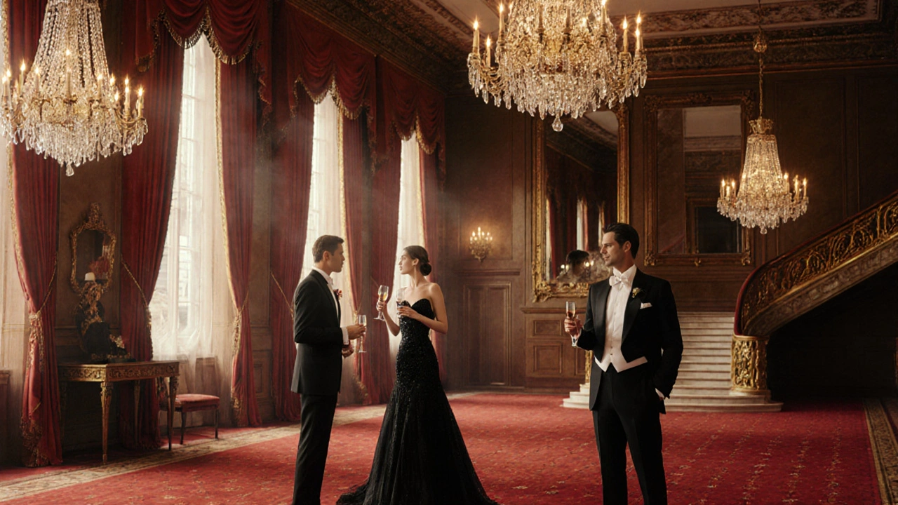 High‑class escort in white‑tie dress at a glamorous Savoy ballroom gala with champagne.