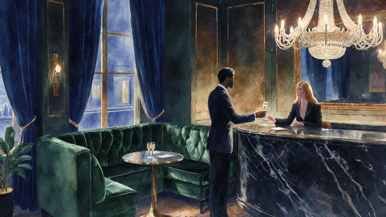 Luxurious hotel lounge with champagne service in watercolor style.