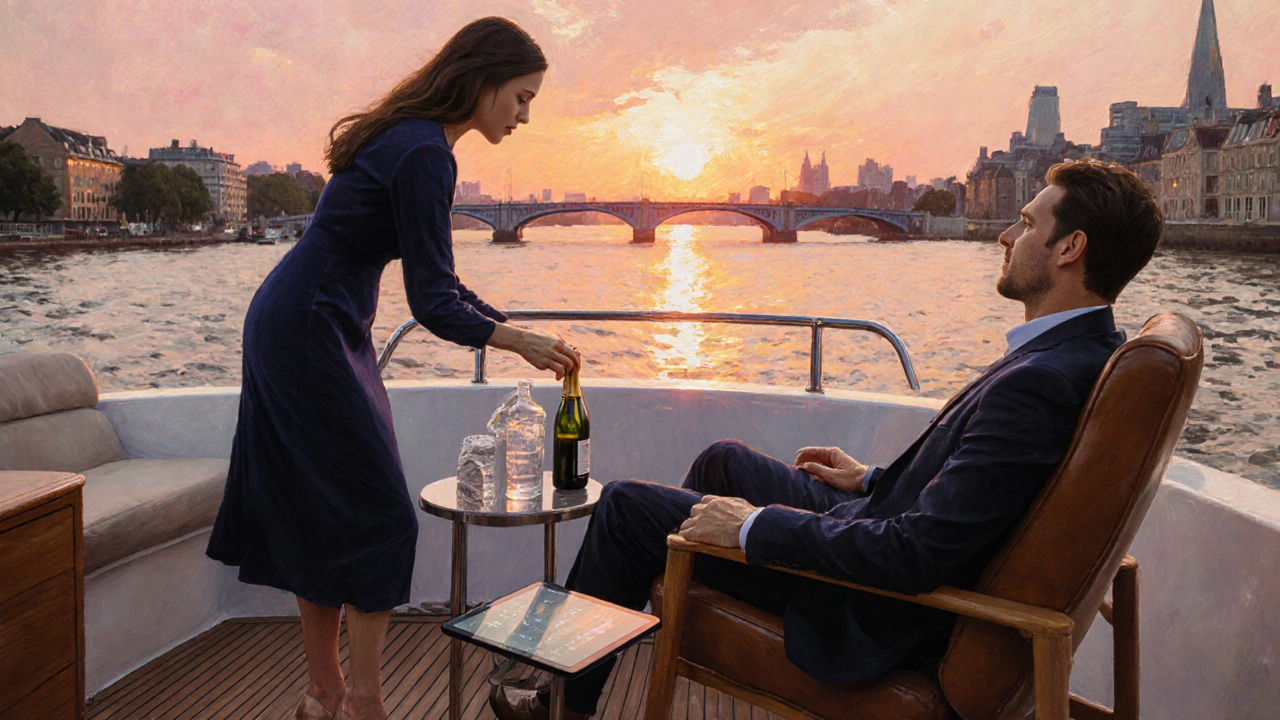 Luxury yacht at sunset with companion serving champagne, warm river glow.