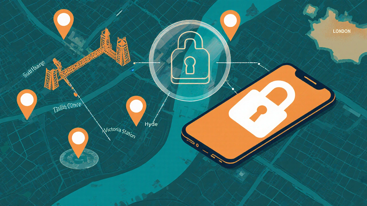 Map of London with markers and a phone indicating secure booking