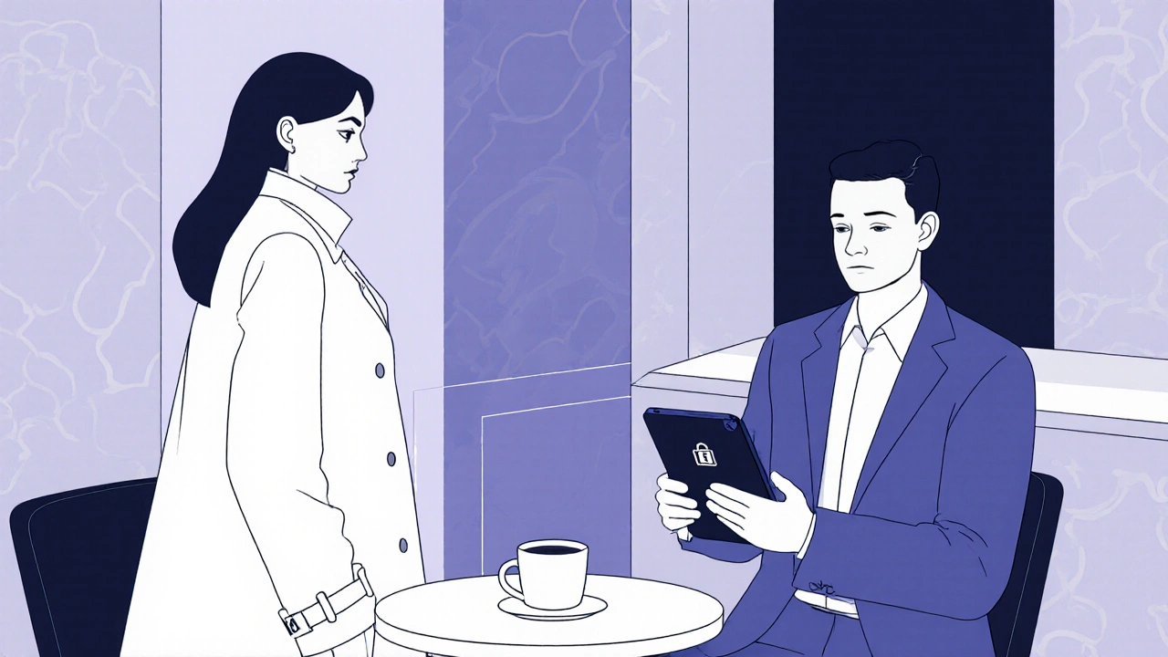 Minimalist illustration of a discreet meeting in a upscale coffee shop.
