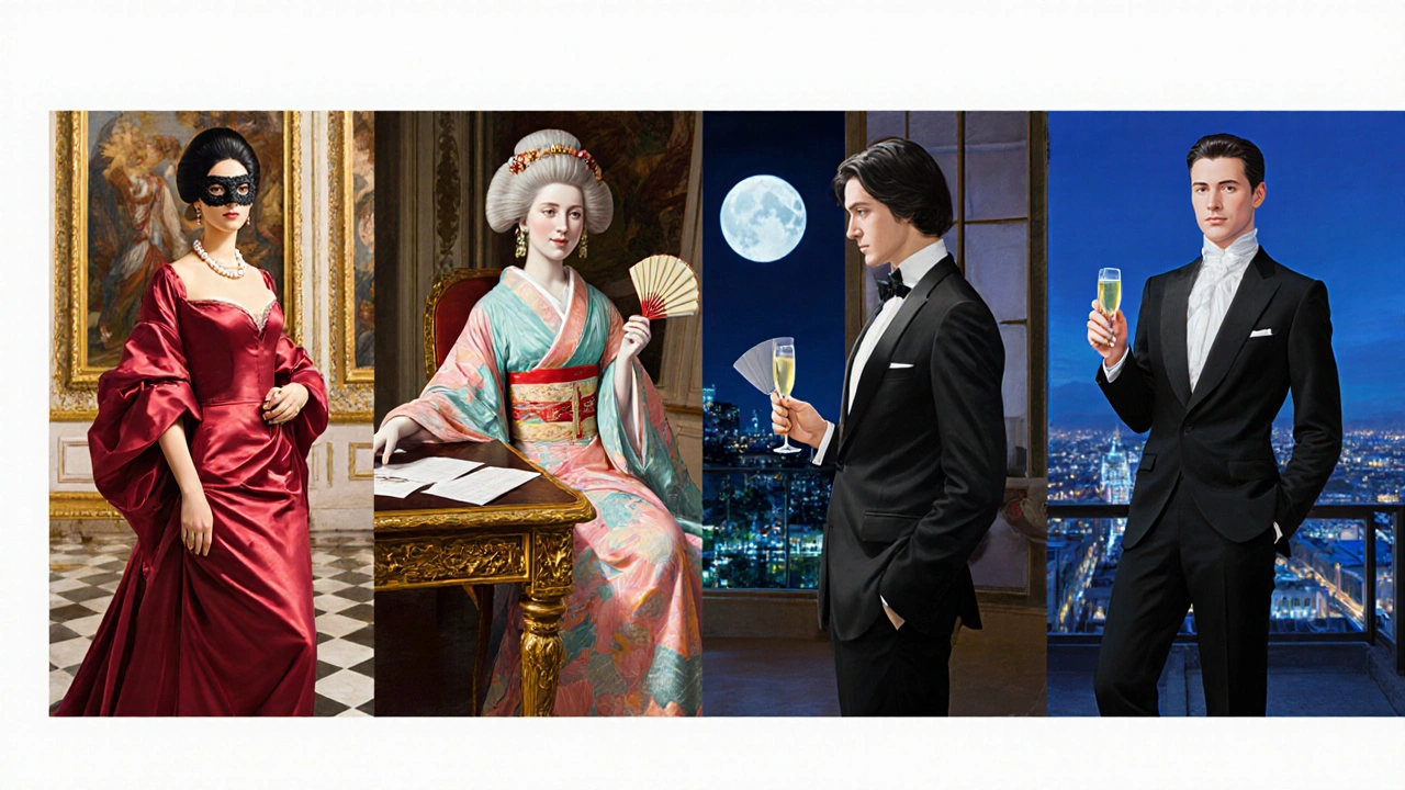 Montage of an Italian cortigiana, French maîtresse, Japanese oiran, and a modern companion, highlighting their elegant attire and settings.