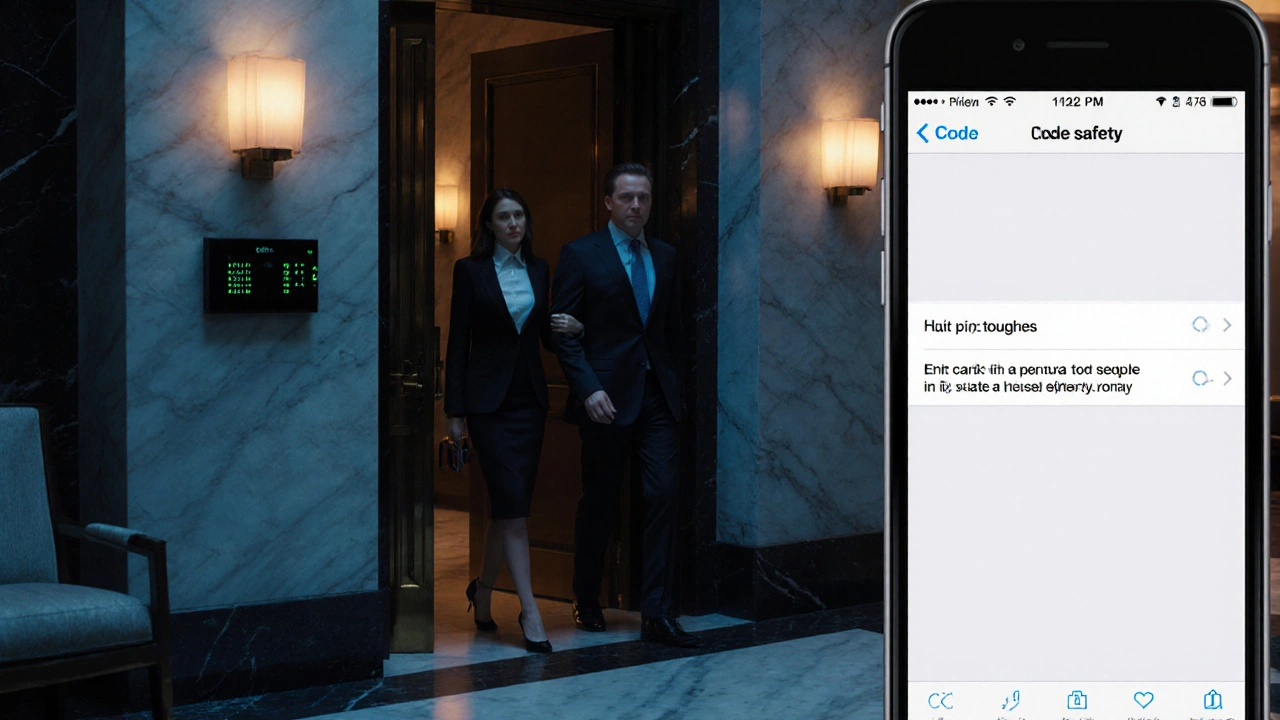 Nighttime hotel lobby with a man and escort walking toward a private door, safety phone visible.
