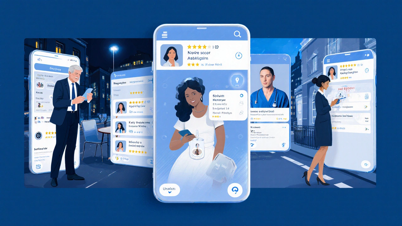 People in UK cities browsing verified escort platforms on their phones.