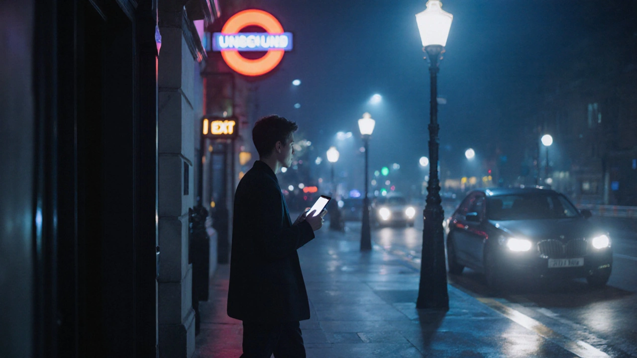 Person leaving a venue at night, holding a phone as a rideshare car waits nearby.