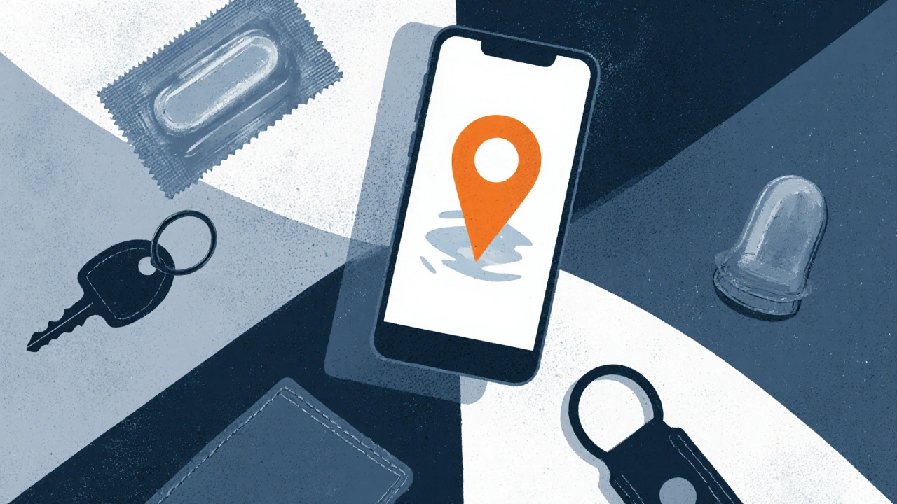 Phone with location pin icon surrounded by condom wrapper, keychain, and wallet, symbolizing safety.