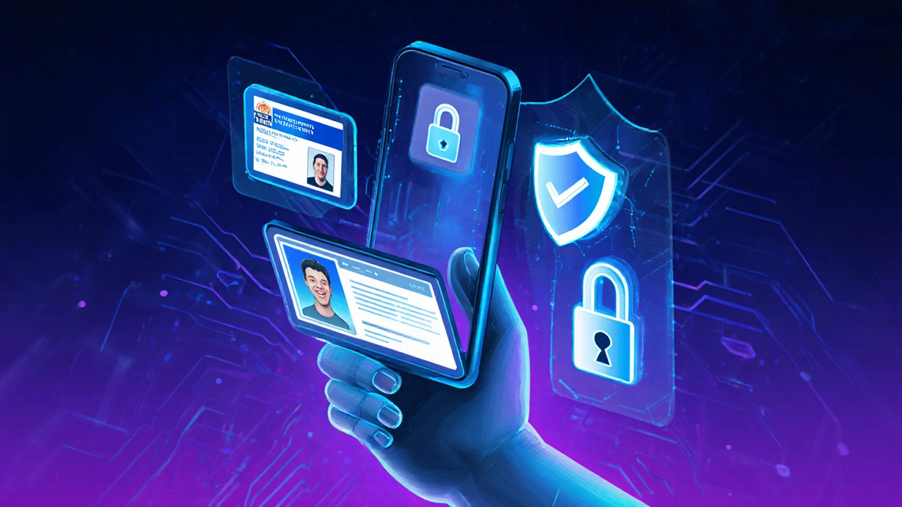 Smartphone screen illustrating ID scan, selfie, and video verification icons.