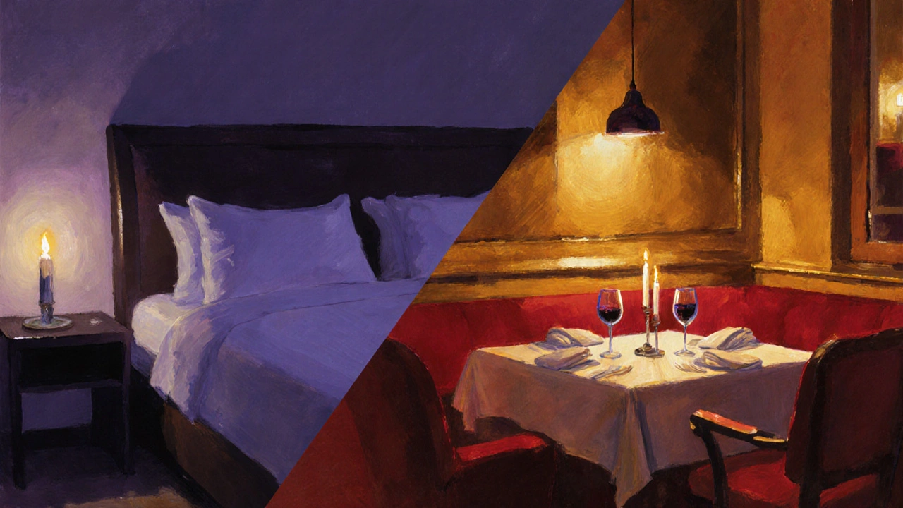 Split image showing a hotel room beside a candlelit restaurant.