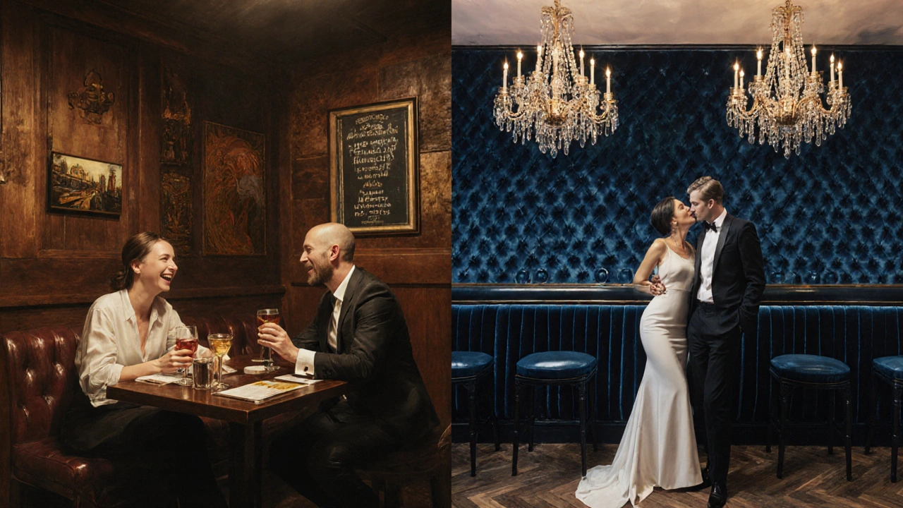 Split scene showing a cozy pub on the left and an upscale club on the right, contrasting budgets.