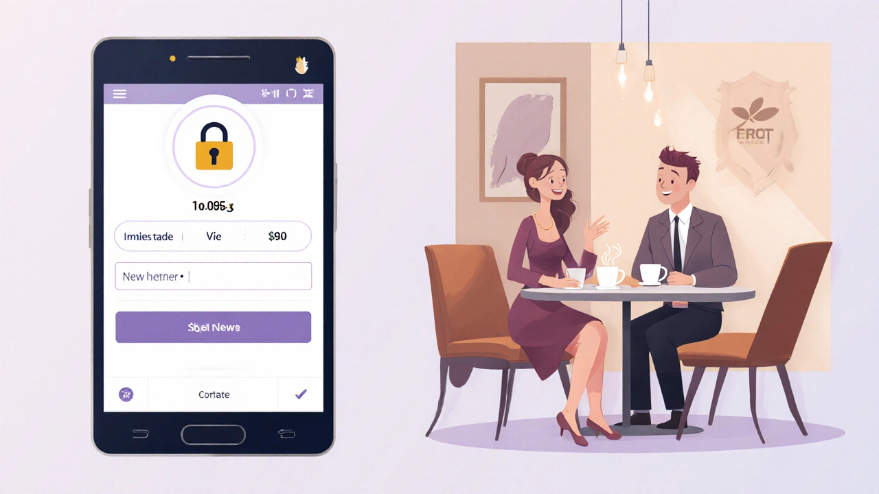 Tablet showing secure lock icon beside a cafe scene where companion greets client, conveying safety.