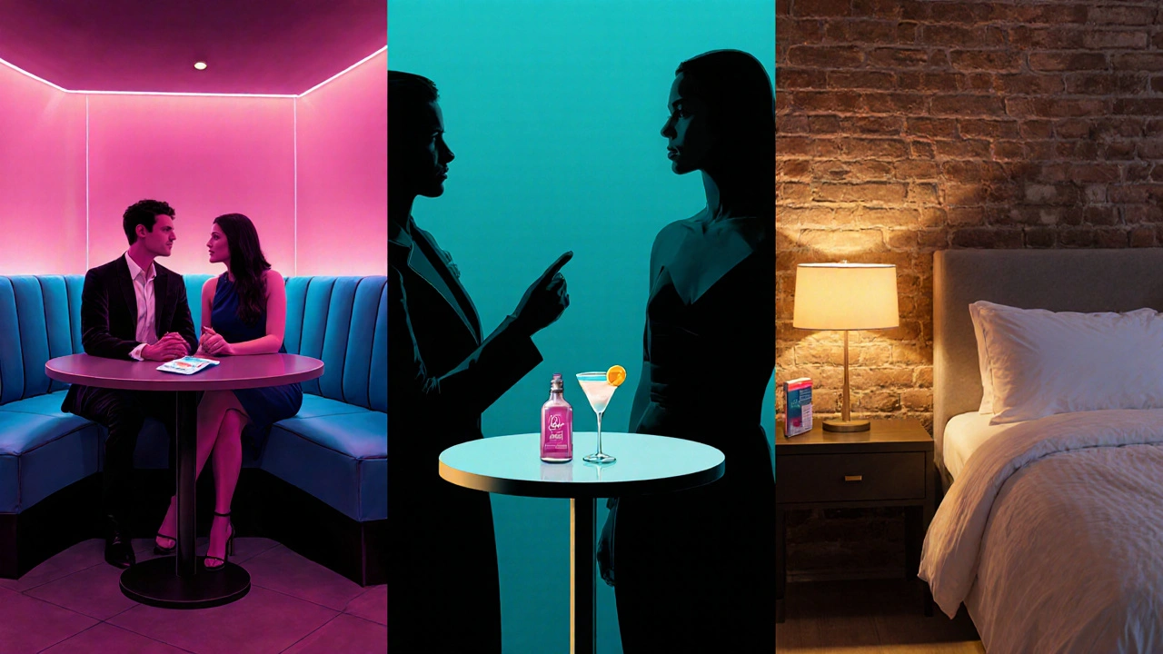 Three London nightlife scenes: club booth, cocktail bar, Airbnb bedroom with safety items.