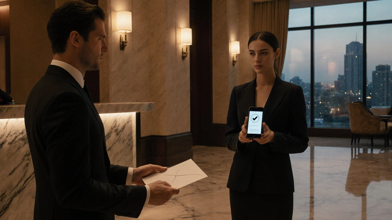 Two dressed individuals meeting discreetly in a well‑lit hotel lobby.