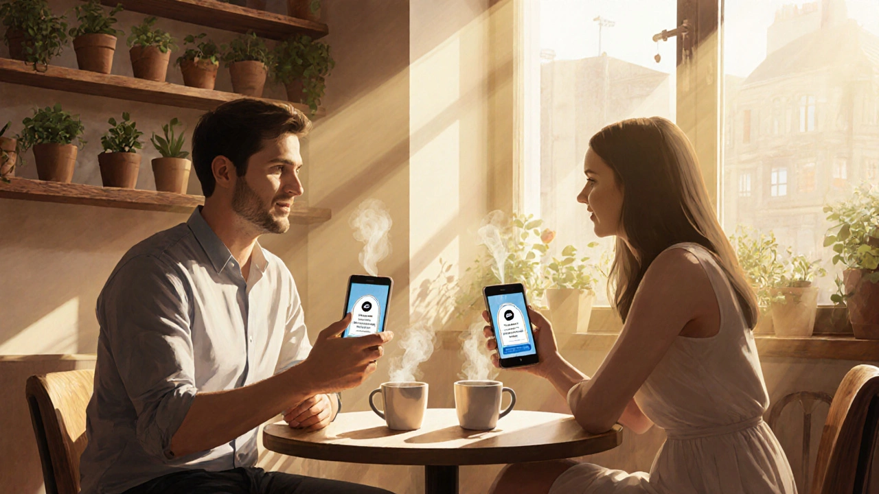 Two people meeting at a coffee shop table, showing phones and coffee cups in a safe setting.