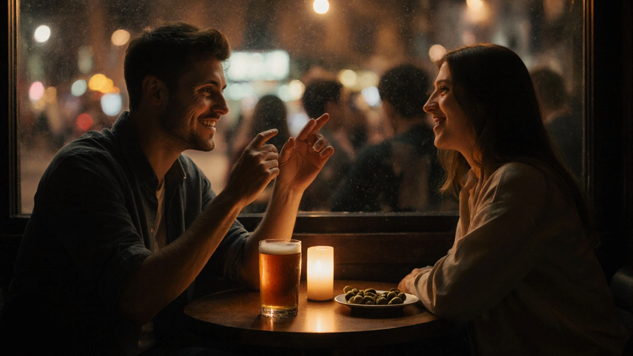 Two people seated at a dim bar table in Shoreditch, discussing boundaries over drinks.