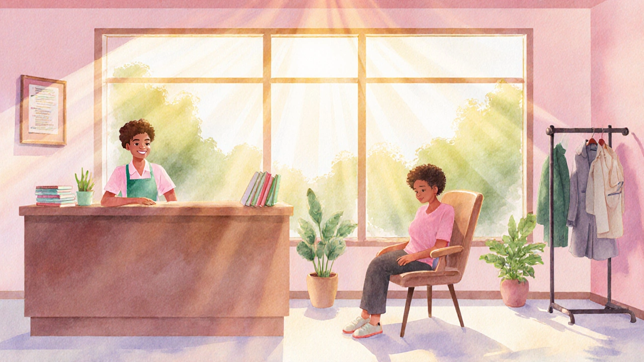 Warm clinic interior with a friendly staff member meeting a client, showing supportive healthcare.