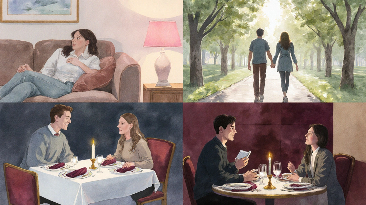 Watercolor collage of four scenes: couch cuddling, park walk, candlelit dinner, and role‑play study setting.
