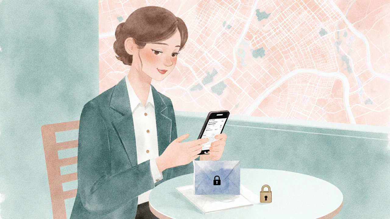 Watercolor of a person checking a booking app at a café, emphasizing safety.