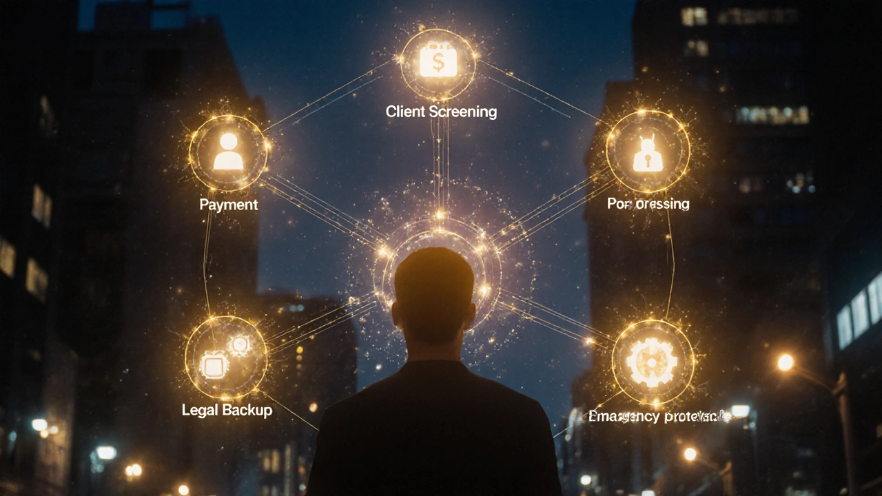A central figure surrounded by a glowing network of safety systems: screening, payments, legal aid, and emergency protocols.