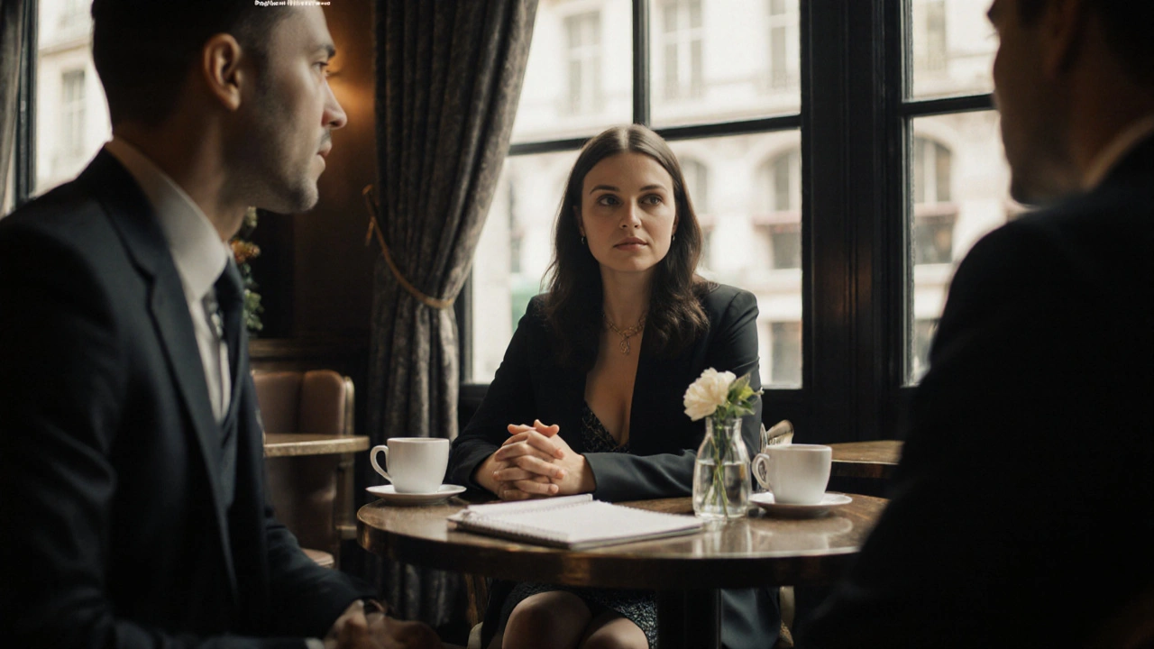 A client and escort converse calmly over coffee in a bright, elegant café.