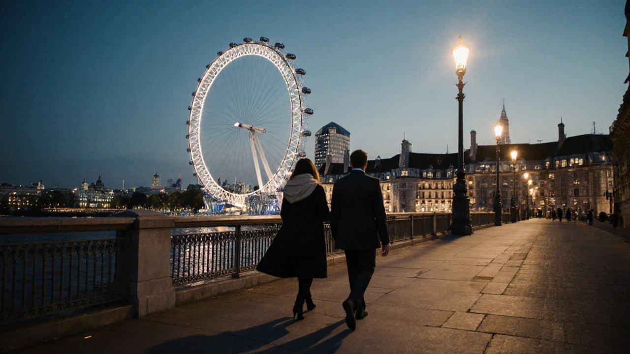 A client and escort walking along the Thames at twilight, enjoying the city view.