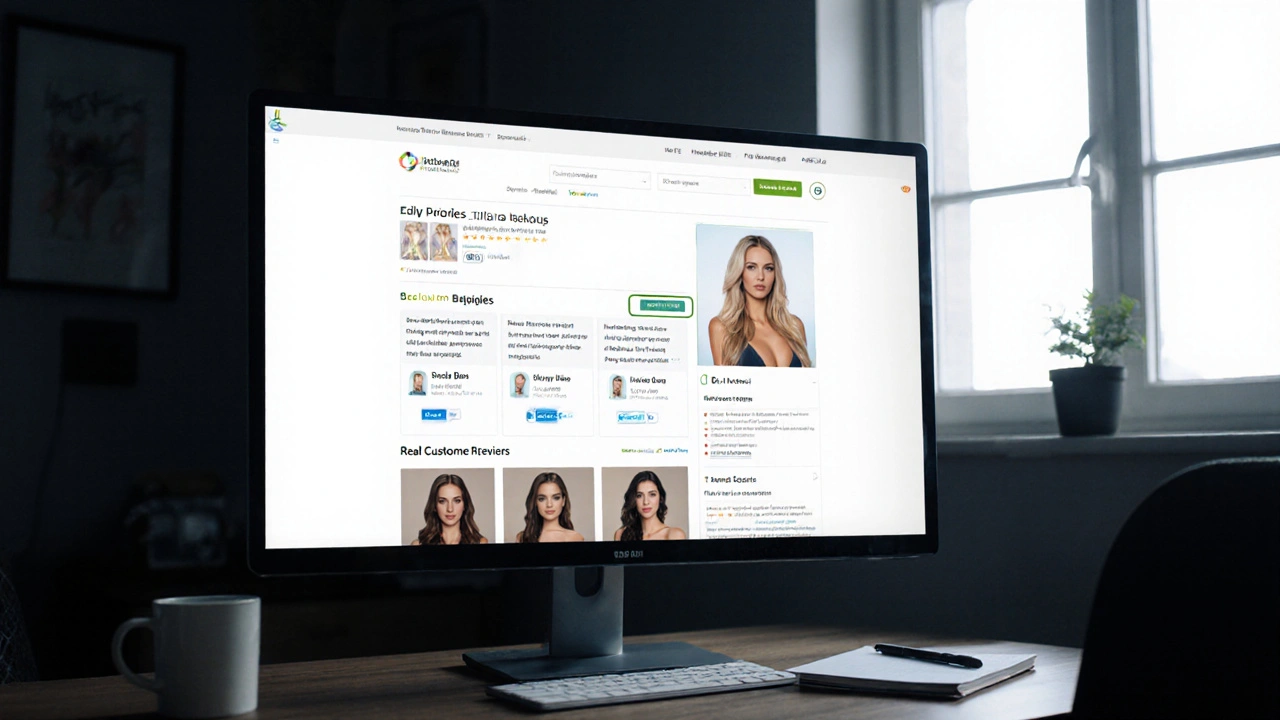 A computer screen showing a verified escort agency profile with ID badges and secure payment indicators.