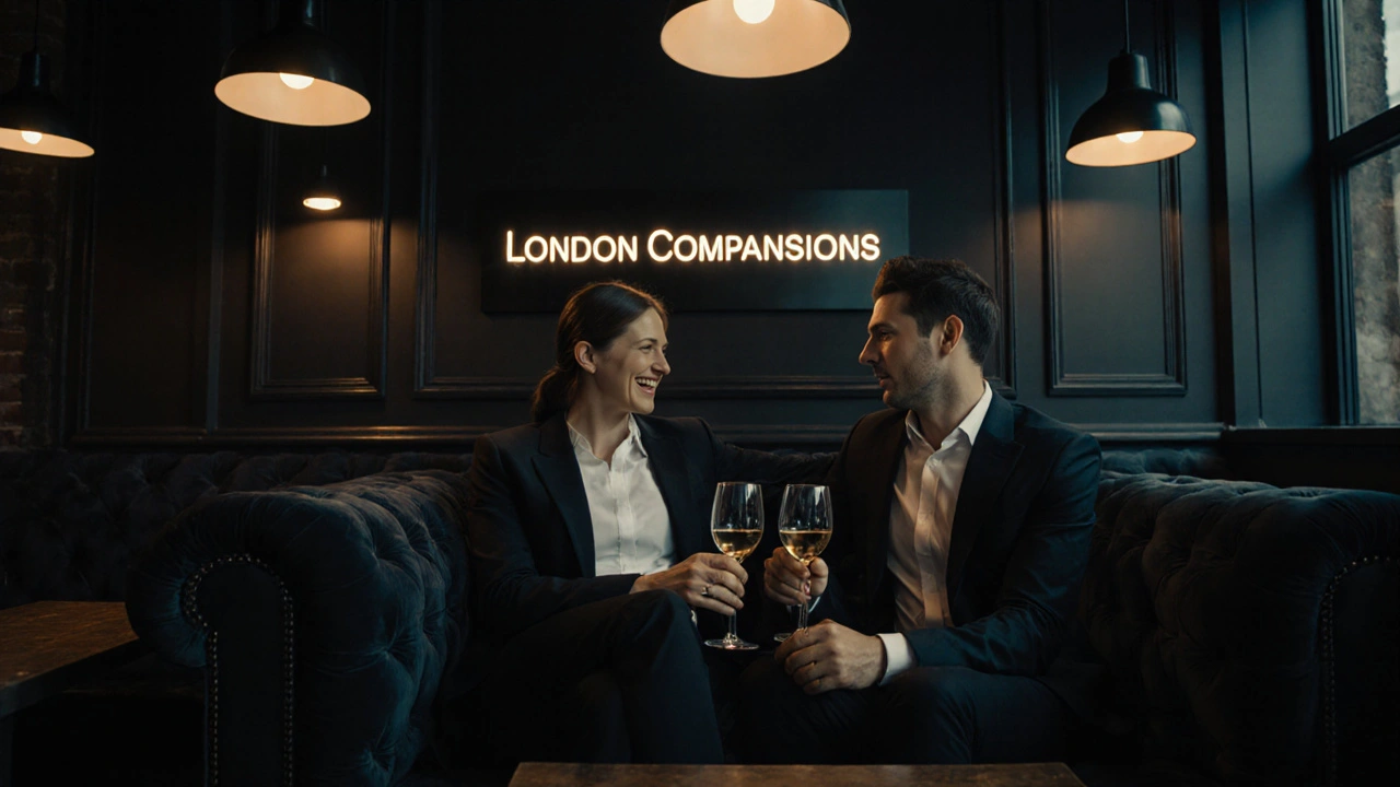 A couple relaxing in a discreet London lounge, exuding mutual respect and calm.