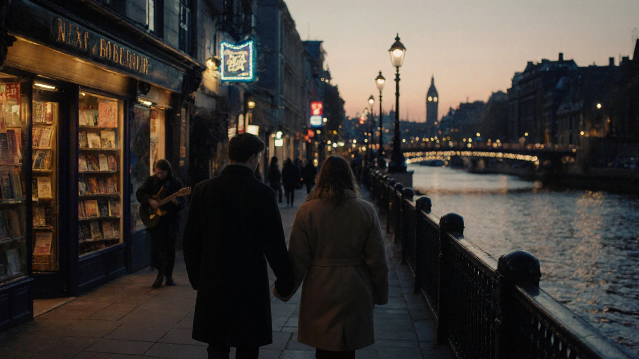 A couple walking hand-in-hand along the Thames at sunset, enjoying a peaceful, date-like moment.