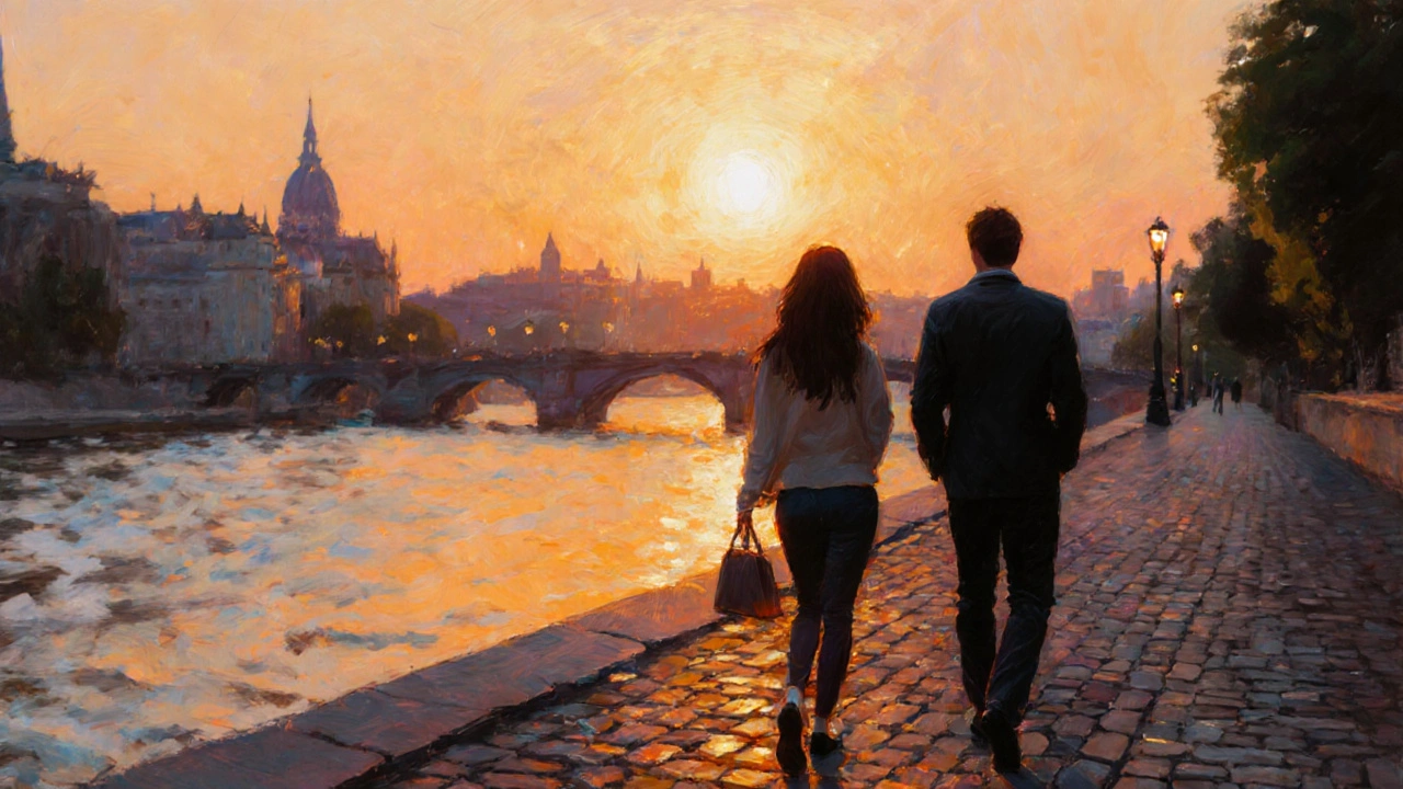 A couple walking peacefully along the Danube River in Budapest at dusk, silhouetted against the sunset.